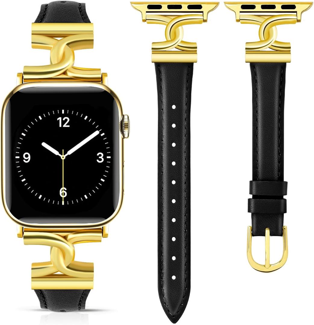 Slim Leather Bands Women Compatible with Apple Watch 38mm 40mm 41mm 42mm 44mm 45mm 46mm 49mm Designer Dressy Fashion Strap Double C-Shape Metal Crown for iWatch Series 10 9 8 7 6 5 4 3 2 1