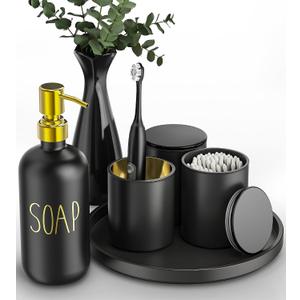 Black Bathroom Accessories Set with Tray, 6pcs Matte Black Bathroom Accessory Sets, Glass Soap Dispenser and Toothbrush Holder Set, Qtip Holder, Ceramic Flower Vase, Bathroom Set Decor