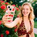 for iPhone 13 Case,Cute Summer Flower Cherry Phone Case,Kawaii Shockproof TPU Raised Edges Curly Wavy Laser Beam Glossy,Aesthetic Retro Fruit Girly Cases Women Girls(6.1",Cherry)