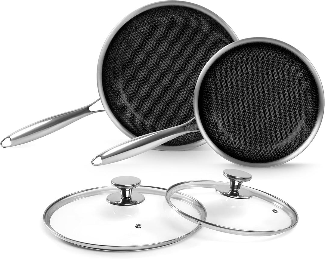 Innerwell Tri-Ply Stainless Steel Frying Pan Set with Lid,9.5Inch 11Inch Nonstick Honeycomb Stainless Steel Cooking Pan Set of 2 Skillet Works Pan for Cooking with Induction Gas Stovetops