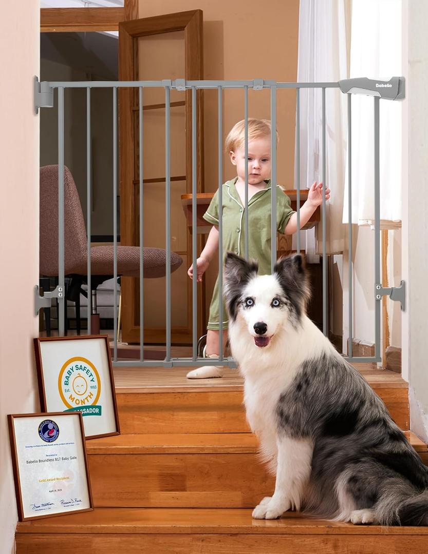 Babelio Baby Gate for Stairs, Kitchen & Doorways, 26-43" W 28" H No Bottom Bar| Easy Installation| One-Handed Operation| Auto-Close| Hardware Mount Safety Dog/Pet Gate Indoor (Grey)