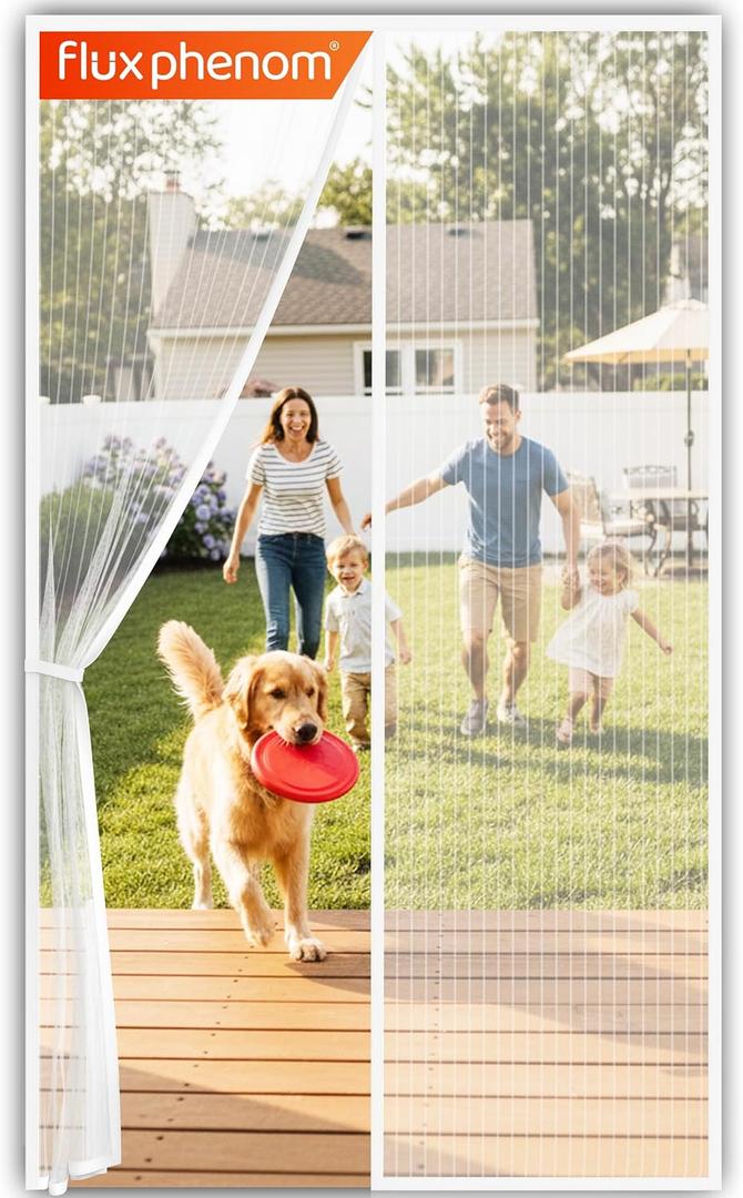 Flux Phenom Magnetic Screen Door Mesh 38x82 Inch  Easy Install, Strong Magnet Strength, Self-Sealing Mesh, Pet Tested, Hands-Free Entry, Door Screen Magnetic Closure, Keeps Bugs Out - White