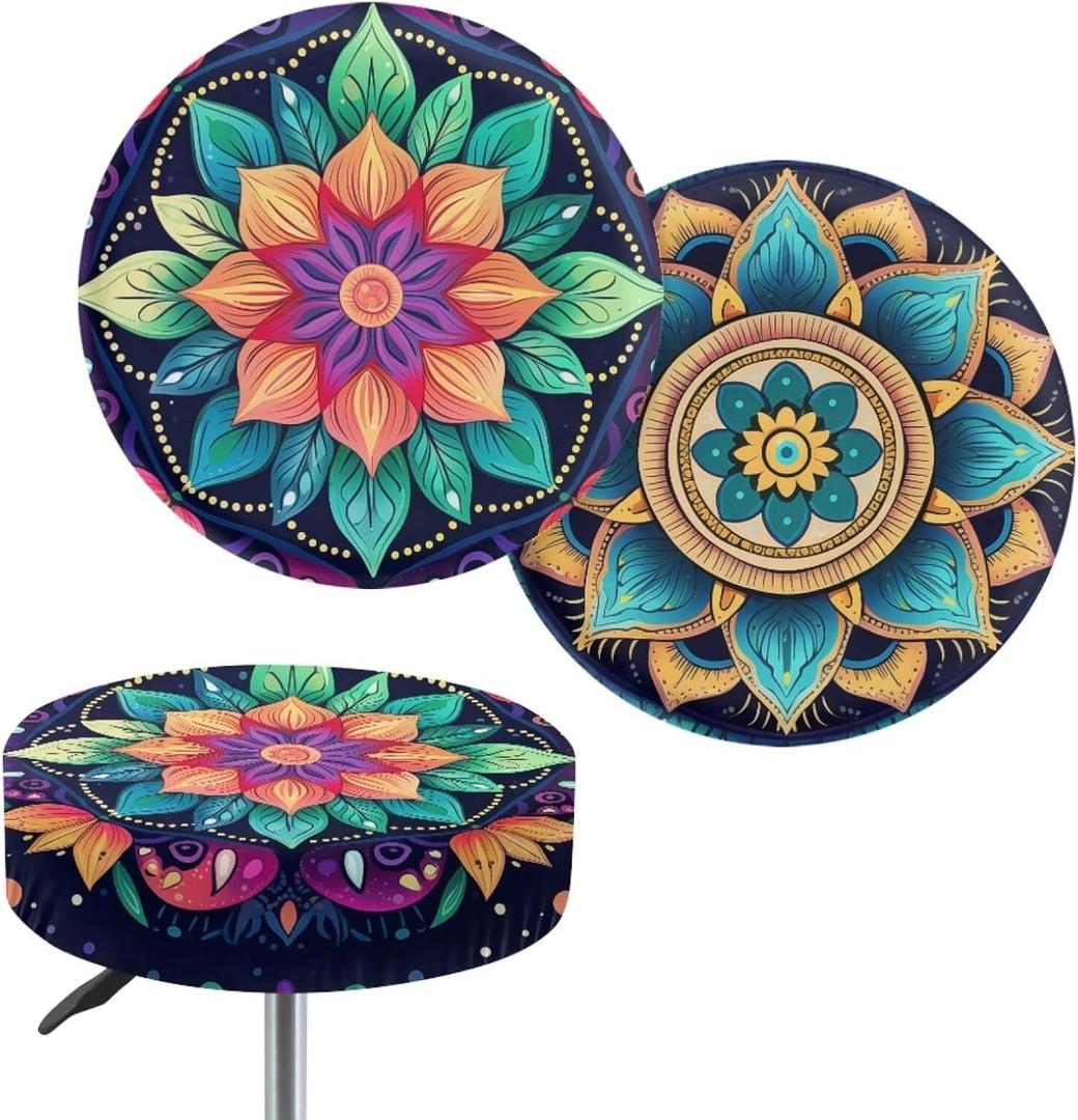 Jeiento Bohemian Stool Covers Green Boho Mandala Round Stool Cushion Cover Elastic Bar Stool Seat Covers,Machine Washable,Christmas Decor,12"-14"