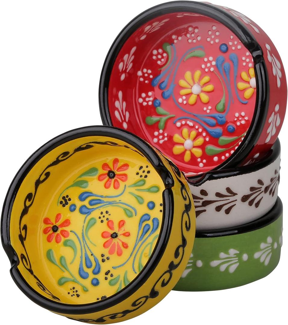 Ashtray Set for Indoor Outdoor Use Cigarette Ash Holder for Smokers Desktop Smoking Ash Tray - Home Office Decoration Hand-Paint Ceramic Cigar Ashtrays (4 Pcs - Red/Yellow/White/Green)