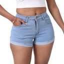 Women's Casual Stretchy Denim Shorts High Waisted Folded Hem Jeans Shorts (L)