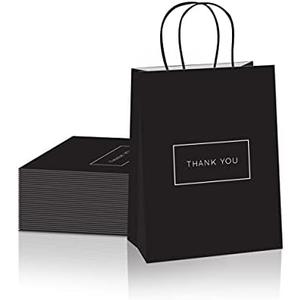 Purple Q Crafts Small Paper Thank You Gift Bags with Handles – 8x4x10 Inches, Strong Quality 50 Pack Black Shopping Bags with Thank You Logo