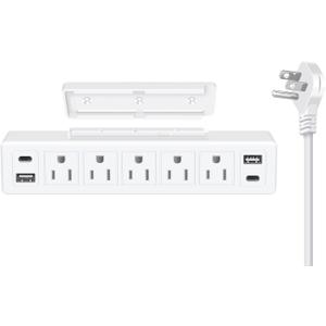 40W Under Desk Power Strip Mountable,20W USB-C Fast Charging Flat Plug Power Strip Surge Protector 1200J,9 in 1 Desk Outlet,5 Outlets,2 USB-C,2 USB-A,6FT Extension Cord White