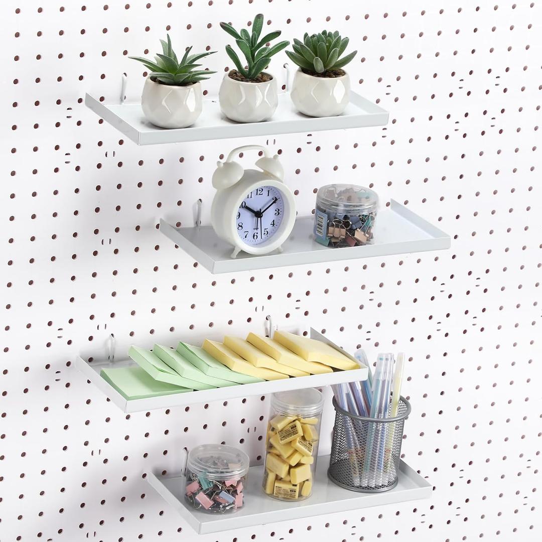 4 Pcs Pegboard Shelves, 12 x 5 Inch Metal Shelf Brackets Pegboard Tray Accessories Wall Organizer for Craft Room Home Garage Nursery Workbench Kitchen (White)