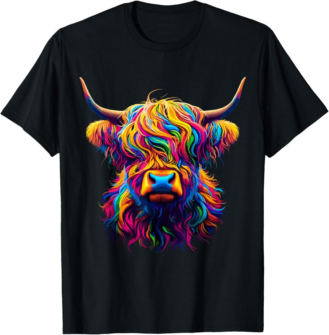 Colorful Highland Cow T-Shirt (Gray, M)