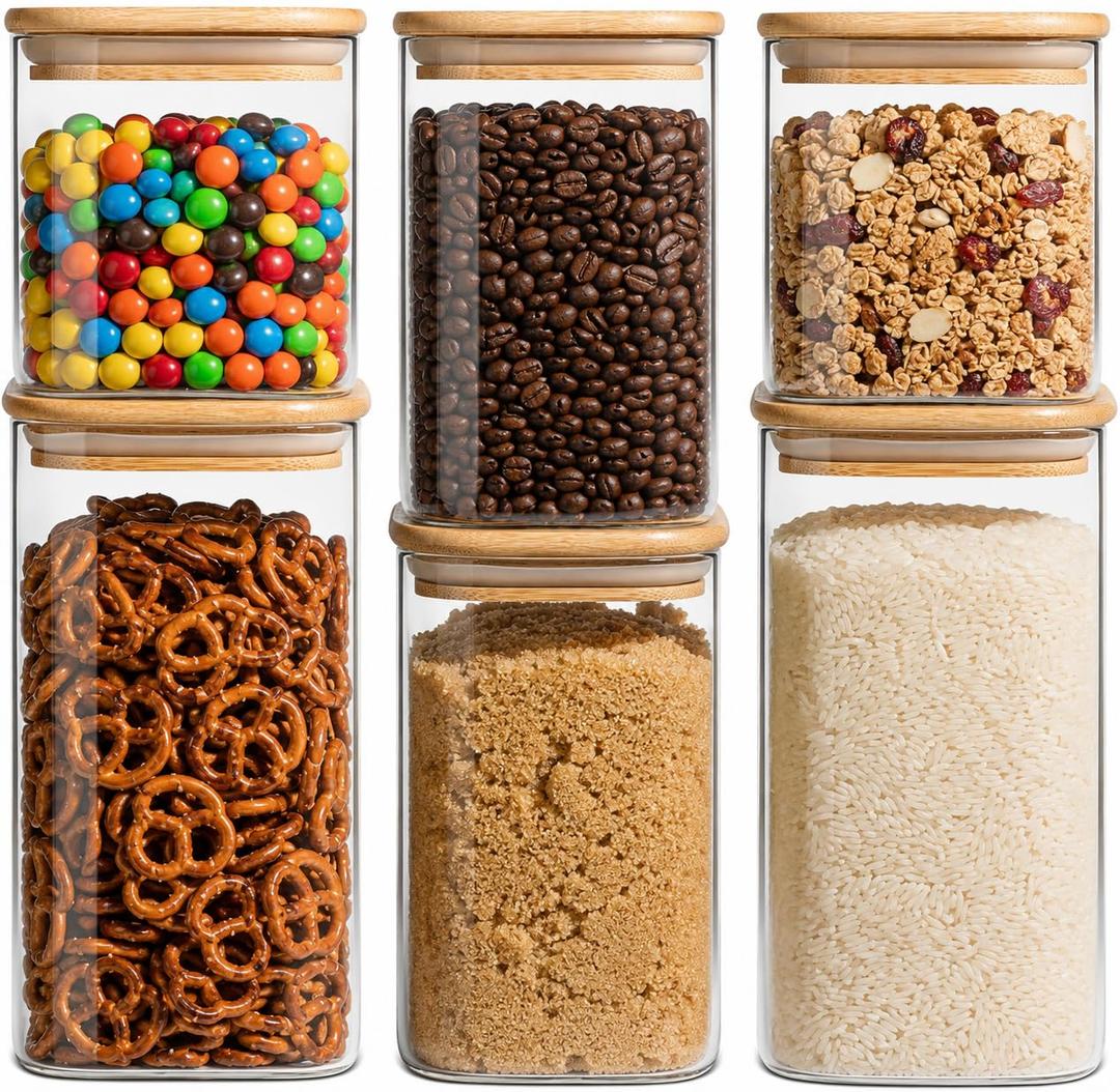 Snaiio Airtight Glass Storage Containers with Lids 8 Pack, 25/37 /50oz Square Glass Jars with Bamboo Lids, Kitchen Canister Set for Pantry Organization Food Storage for Flour Sugar Rice Pasta Cereal