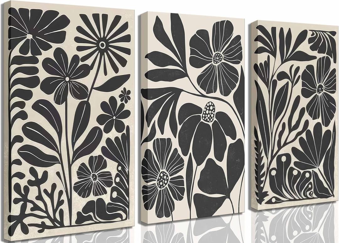 3Pcs Black Abstract Floral Canvas Wall Art Mid Century Modern Retro Flower Botanical Painting Pictures Wall Decor Boho Minimalist Poster Print for Farmhouse Bedroom Living Room