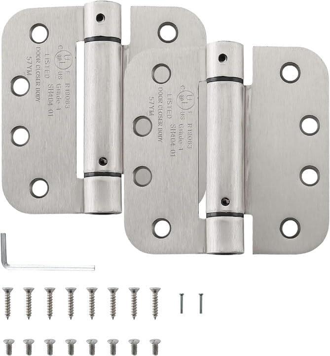 HOME MASTER HARDWARE Self Closing Door Hinges, 4 inch Spring Loaded Hinges, Adjustable Tension for Interior Door, UL Listed with 5/8" Radius Corners, Satin Nickel, 2 Pack