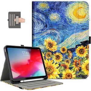 iPad (A16) 11th Generation Case 2025, for iPad 10th Generation Case Shockproof with Pencil Holder, Multi-Angle Adjustable Stand View with Pocket/Hand Strap/Auto Wake Sleep Starry Night Sunflowers
