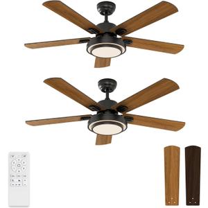 warmiplanet Ceiling Fans with Lights and Remote Control, 52 Inch, 6 Speeds Reversible DC Motor, 3 Color Dimmable Light, Timer, Noiseless, Black/Dark Walnut, 5 Blades, 2 Pack