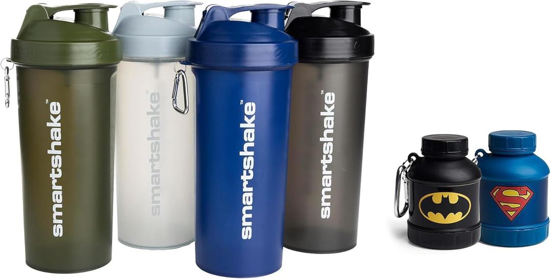 Smartshake Fitness Bundle  4-Pack 1000ml Protein Shaker Bottles + Batman & Superman Whey2Go Protein Powder Storage Containers | Leakproof, BPA-Free, On-the-Go Convenience