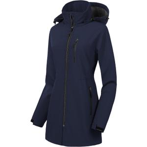 CREATMO US Women's Lightweight Waterproof Long Softshell Tactical Jacket Fleece Lined Windbreaker (Large, Navy)