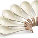 LYEOBOH 6 Pieces Asian Soup Spoons, Japanese Kitchen Soup Spoon Set, Dinner Tablespoons with Long Handle for Cereal, Ramen, Ice Cream, Dishwasher & Microwave Safe, Rustic Decor, White and Brown