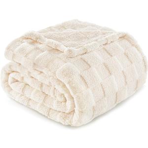 Exclusivo Mezcla Fleece Throw Blanket for Couch,Super Soft and Warm Lightweight Checkered Pattern Blankets for All Seasons, 50x60 Inches, Ivory