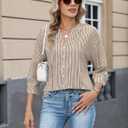 Micoson Womens 3/4 Sleeve Tops Cotton Linen Button Down Shirts V Neck Pleated Casual Loose Blouses Roll Up Sleeve Shirt (Beige, S)