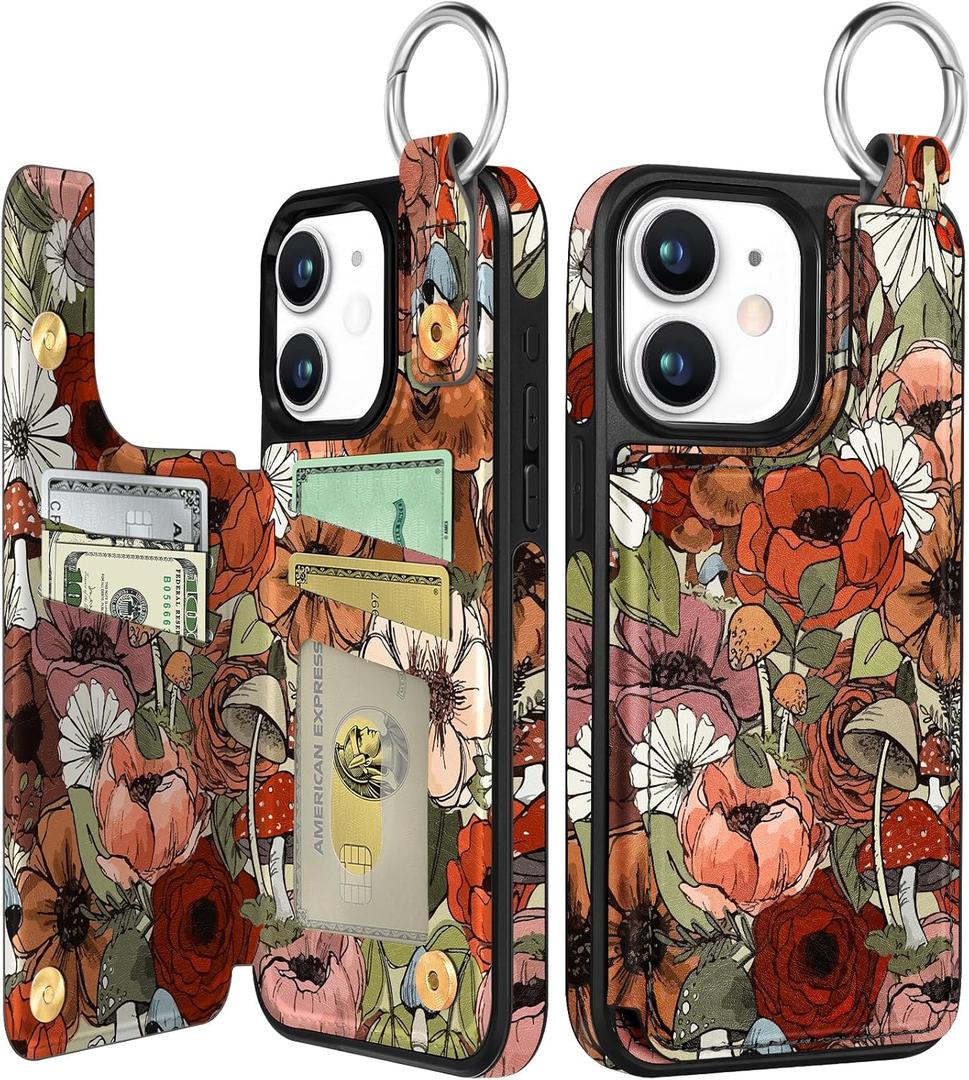 Shorogyt Compatible with iPhone 11 Wallet Case with Card Holder - Designer Mushroom Flower Pattern Kickstand Magnetic Clasp Back Flip Folio Leather Phone Covers for Women Men Girls