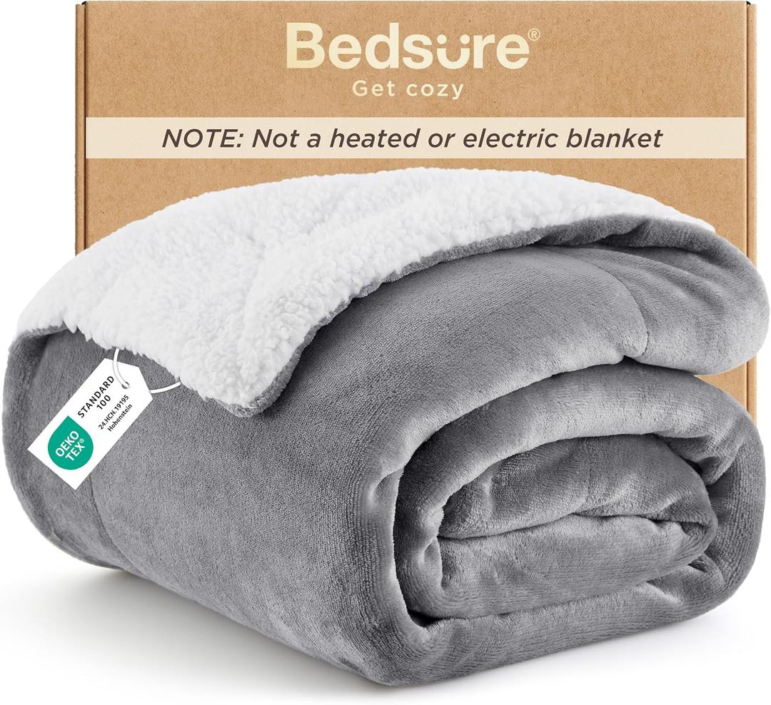 Bedsure GentleSoft Sherpa Fleece Throw Blanket for Couch, Non-Heated, Thick & Warm Cozy Blanket for Winter, Soft Fuzzy Plush Throw Gifts for Women and Men, Grey, 50x60 Inches