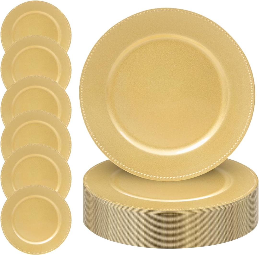 MAONAME 13" Gold Charger Plates Set of 50, Round Chargers for Dinner Plates, Plate Chargers with Beaded Rim, Plastic Table Chargers for Wedding, Party
