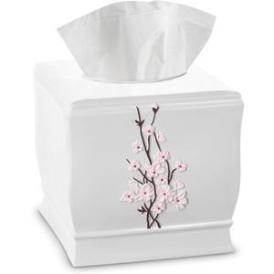 Creative Scents Vanda Square Tissue Box Cover White & Pink Cherry Blossom Floral Decor Decorative Resin Tissue Holder for Bathroom Vanities & Nightstands Durable Bottom Slider