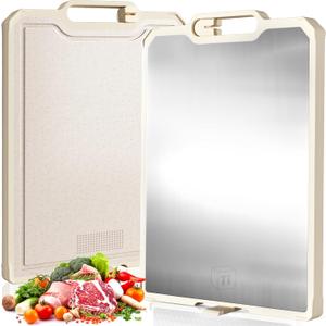 Double-Sided Titanium & Wheat Straw Cutting Board, 16.2" x 11", Non Toxic Kitchen Chopping Board for Meat & Vegetables, Easy to Clean, Knife Sharpener, Juice Groove