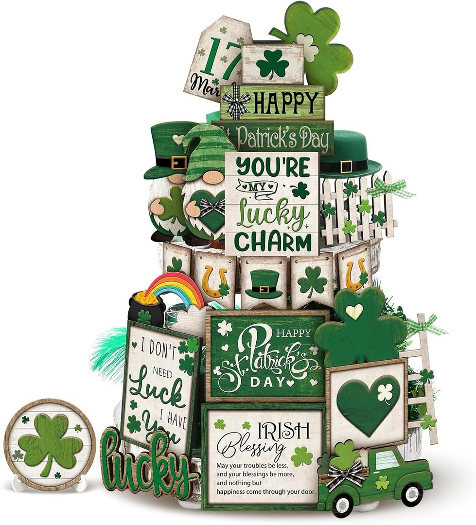 24 Pcs St Patrick's Day Tiered Tray Decoration Sets Vintage Shamrock Wooden Table Tier Tray Sign Farmhouse Irish St Patrick's Day Kitchen Bar Tabletop Kitchen Home Decoration