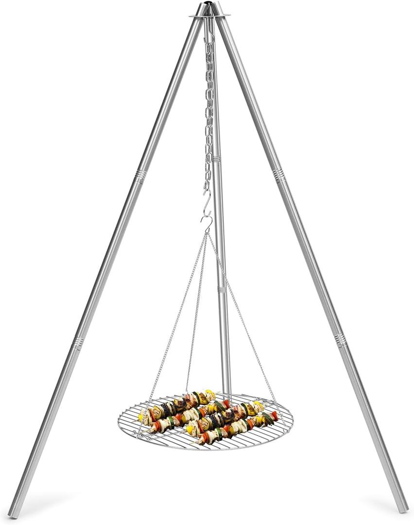 HaSteeL Camping Tripod for Outdoor, Adjustable Portable Cooking Tripod with 17Folding Grill Grate, Stainless Steel Campfire Grill Stand Hanger for Dutch Oven Hunting Beach BBQ Fire Pit, Easy Assemble