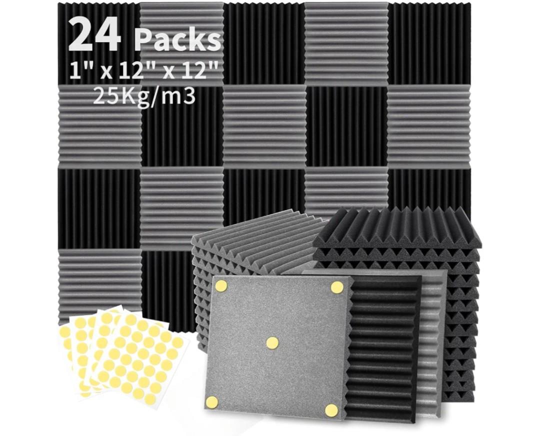 Focusound 24 Pack Black Grey Acoustic Foam Panels 1" x 12" x 12" Sound Proof Foam Panles Soundproofing Noise Cancelling Wedge Panels for Home Office Recoding Studio with 240PCS Double-Side Adhesive