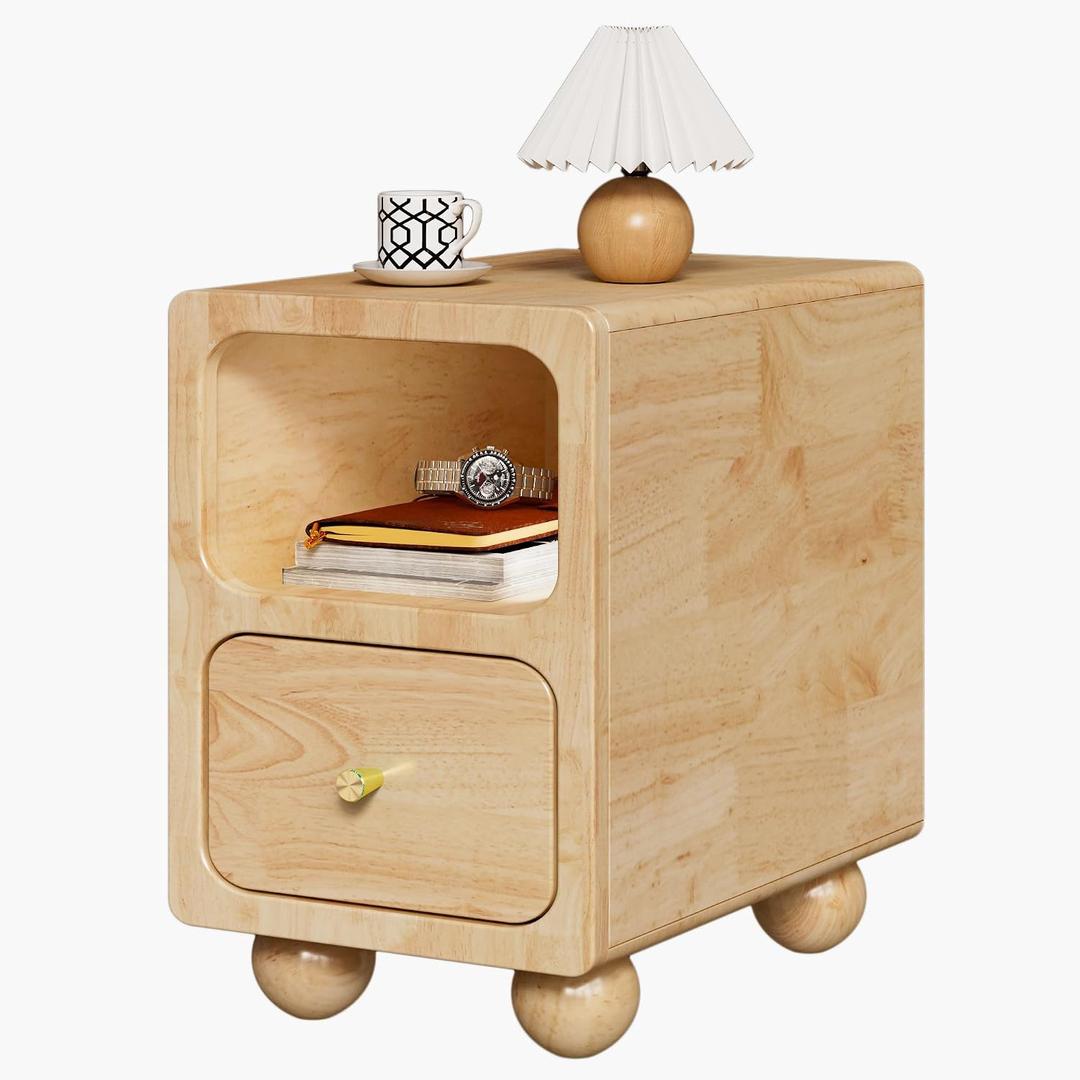 11.7” Small Narrow Nightstand, Solid Wood Nightstand with Drawers, Natural Mid Century Modern Nightstand, Small Beside Table with Open Storage Shelf for Bedroom, 11.7*15*18.5 Inch
