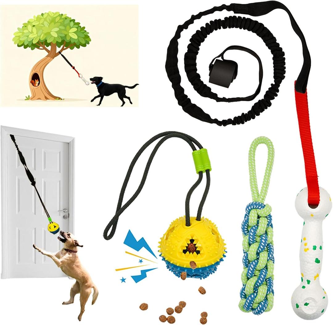 Interactive Dog Bungee Tug Toy, 4 Pieces Hanging Spring Pole for Puppy/Small/Medium Dogs, Outdoor Tether Rope for Yard Tree, Indoor Door Pull Toy for Self Play and Solo Exercise