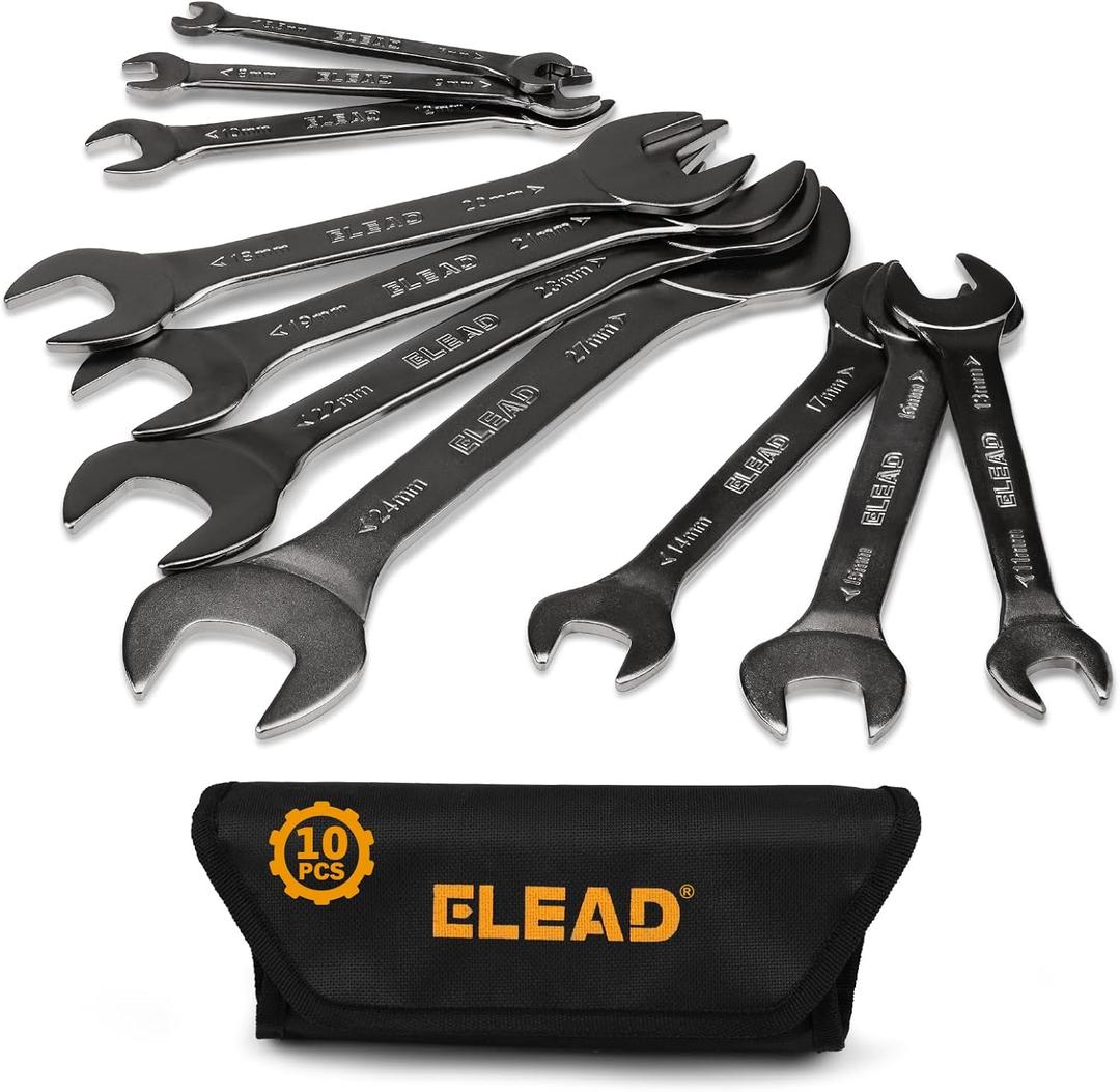ELEAD 10-Piece Super-Thin Open End Wrench Set, Metric 5.5-27mm, CR-V Nickel Plated, 3 mm Thickness for Tight Spaces, 5.5, 7, 8, 9, 10, 11, 12, 13, 14, 15, 16, 17, 18, 19, 20, 21, 22, 23, 24, 27mm