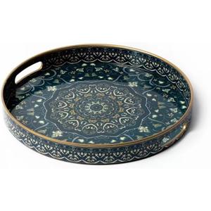 Round Serving Tray with Handles - Large Round Ottoman Tray Coffee Table Tray,Plastic Decorative Serving Trays for Coffee Table,Round Boho Tray for Ottoman Living Room