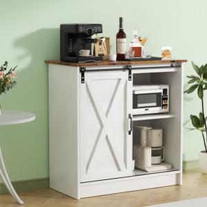 Farmhouse Coffee Bar Cabinet, Coffee Bar Table with Sliding Barn Door, Suitable for Kitchen, Dining Room and Living Room (White)
