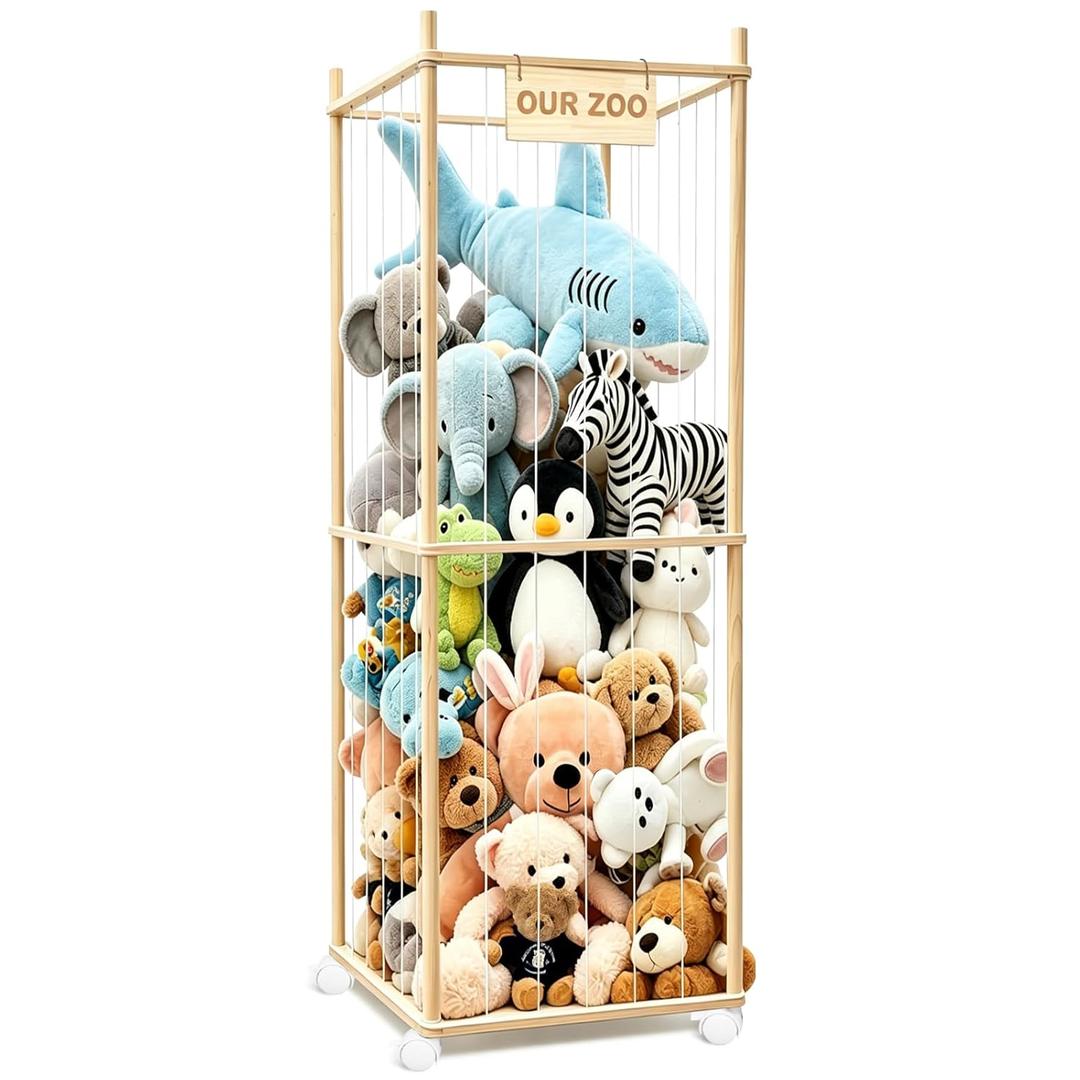 Stuffed Animal Storage, Wood Stuffed Animal Zoo Storage with Brake Wheels, Space Save Toy Organizer, Large Capacity Stuffed Animal Holder, Perfect for Nursery Playroom Kidroom Bedroom-62.6 Inch