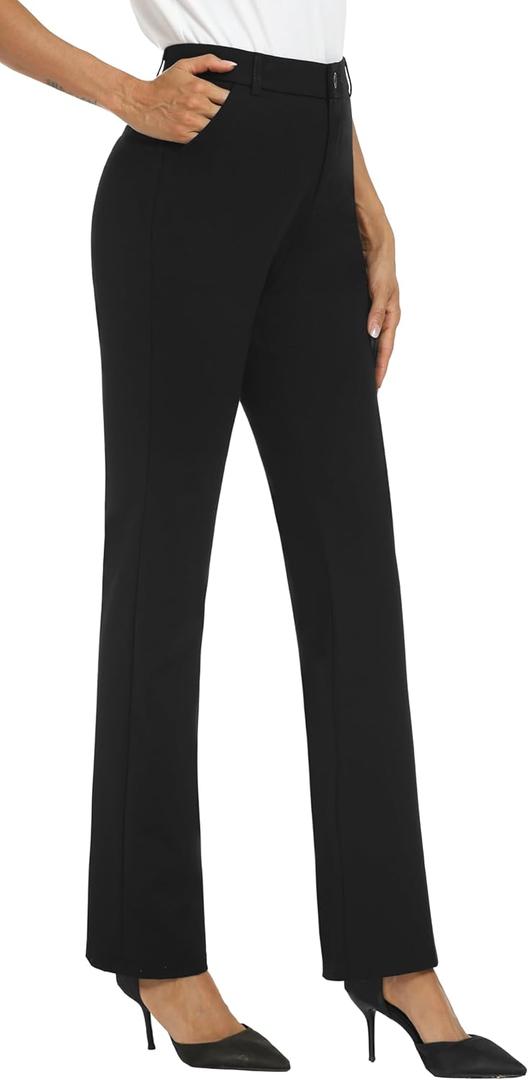 iChosy Women's Stretchy Straight Leg Dress Work Pants Business Office Casual Slacks with Pockets (8 Tall, Black)