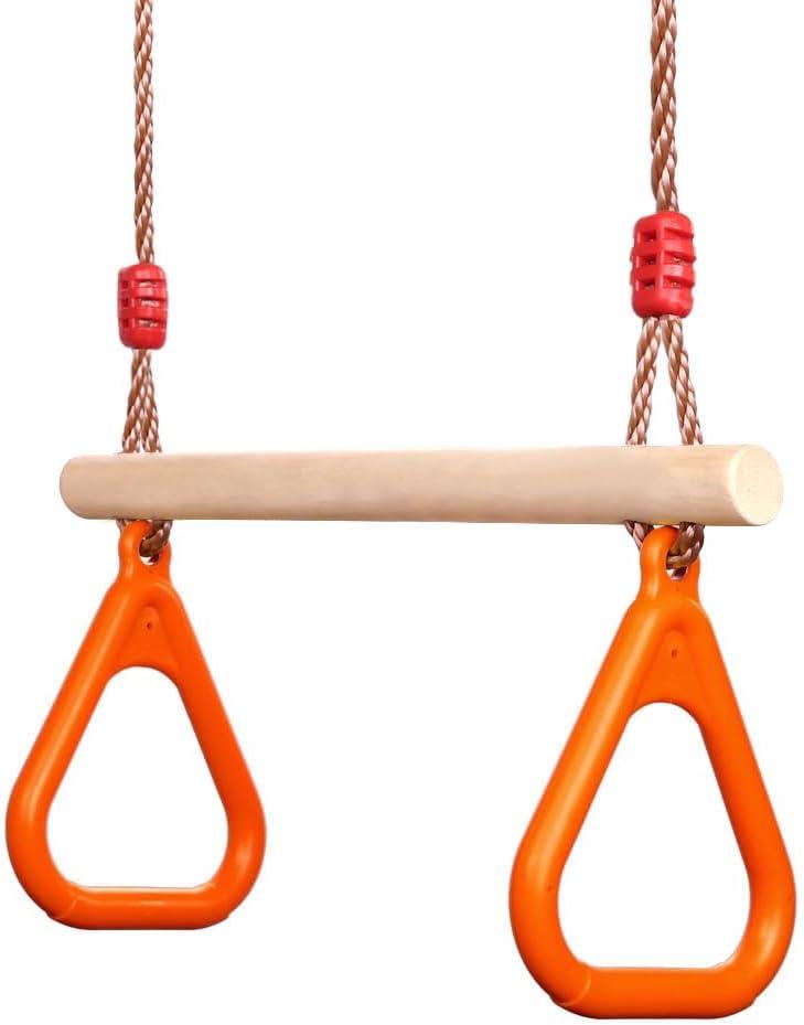 PELLOR Kids Trapeze Bar with Rings,Wooden Trapeze Swing Bar for Ninja Warrior Obstacle Course,Children's Swing Set Indoor Outdoor Garden,Yard,Playground (Orange)