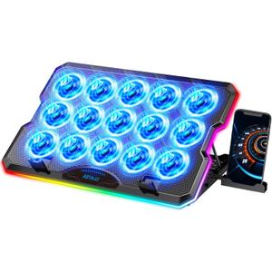 Gaming Laptop Cooling Pad, Laptop Cooler with 15 Quiet Fans for 12-17.3 Inch Notebook, Slim Portable Laptop Cooling Stand with 7 Height Adjustable, 2 USB Ports, Phone Stand
