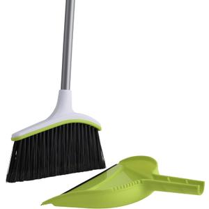 Casabella Broom & Dustpan Set, 44-Inch Angled Broom with Snap-On Dustpan, Durable Bristles, Innovative Dustpan, Convenient Storage - Perfect for Tile, Wood, and Laminate Floors (Silver/Green)