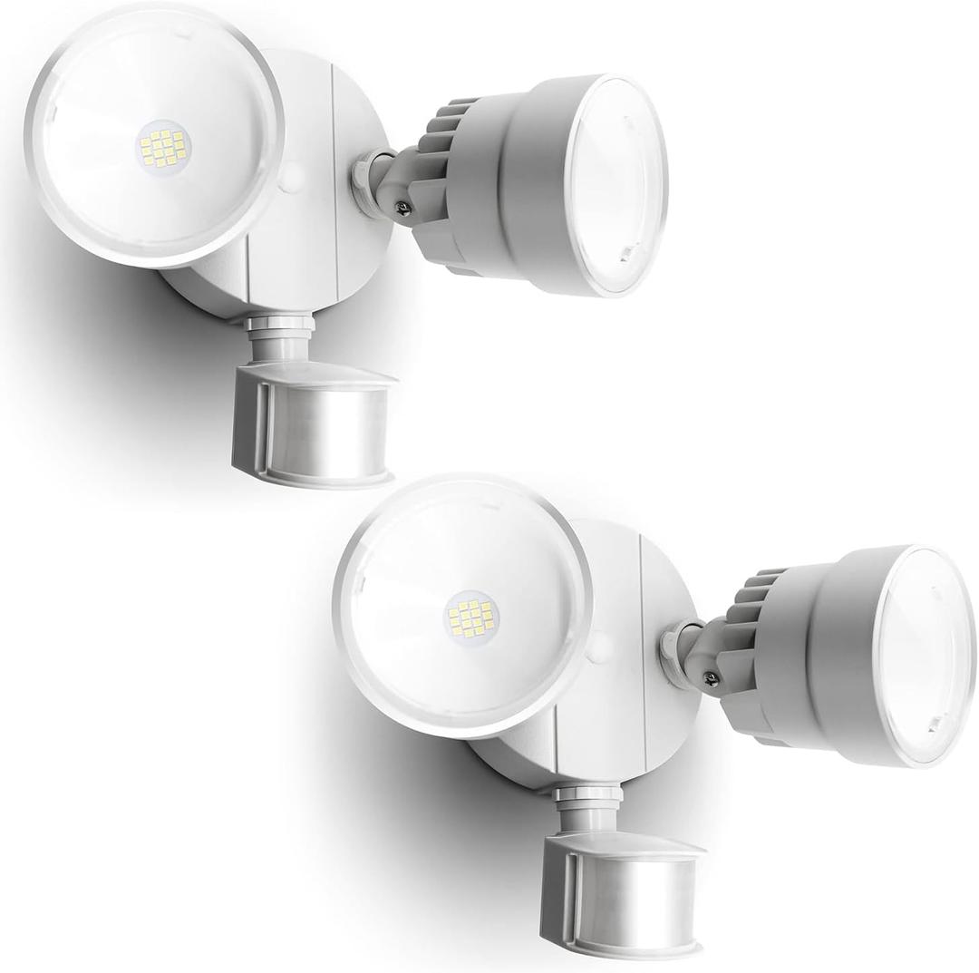 LUTEC P6221W-PIR24 2000 Lumen 18 Watt 26 LED Motion Activated Integrated Dual-Head Flood Light Outdoor, IP54 Waterproof Exterior Security Floodlight for Patio, Garden, Yard, Warehouse White2 Pack