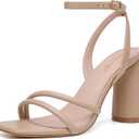 RIBONGZ Block Heels Prom Heeled Sandals for Women Chunky Square Open Toe Strappy High Heels Ankle Strap Wedding Bridal Shoes High Heel Sandals for Party Dress (8.5, Nude)