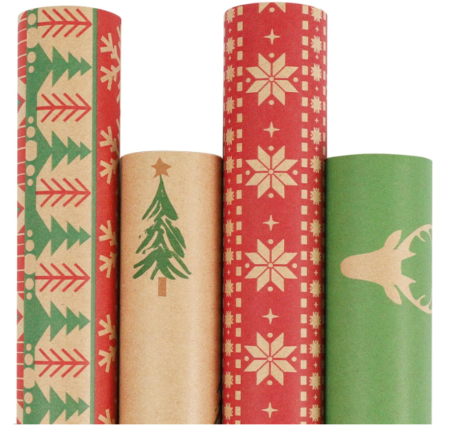 LaRibbons Kraft Christmas Wrapping Paper Set, 30 Inch X 10 Feet (4 Rolls: 100 Sq. Ft. Ttl) Snowflake, Green Tree, Deer Antlers and Gift Box Shapes Design for Xmas, Party, Holiday, Celebration