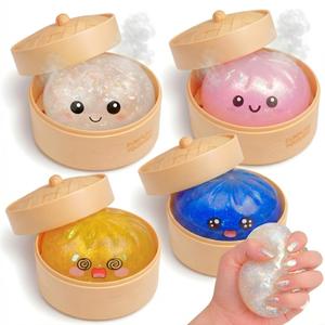 Partymelon Glitter Dumpling Squishy Mystery Box 4 Pcs - 2026 Upgraded Dumplings Squishes for Adults Teens Squeeze Easter Basket Stuffers Smiling White Pink Blue Gold