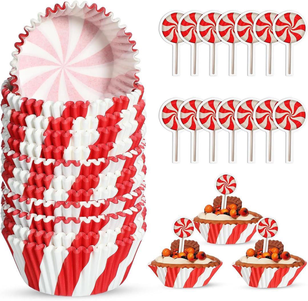 Vesici 200 Pcs Christmas Cupcake Liners and 200 Pcs Cupcake Toppers Candy Pattern Baking Cups Cake Wrappers Greaseproof Muffin Liners for Christmas Holiday Birthday Theme Party Supplies