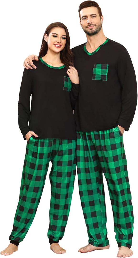 SWOMOG Couple Matching Pajamas Plaid Long Sleeve Christmas Pjs for Men and Women Soft Warm Loungewear with Pocket (XX-Large, Black Green Grid)