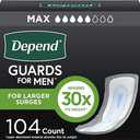 Depend Guards Incontinence Pads for Men, Maximum Absorbency, 104 Count (2 Packs of 52), Packaging May Vary