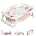 Collapsible Baby Bathtub,Baby Bath Tub with Soft Cushion & Thermometer,Baby Bathtub Newborn to Toddler 0-36 Months,Portable Travel Baby Tub (Pink)