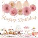 Blush-Pink Champagne Beige Happy-Birthday Party-Decorations - 31pcs 15th Women Girls Paper Lanterns Streamers Banner,Rose Gold Tissue Flowers Pom Poms Fans Tassels Graland Decor Supplies Hugmoon